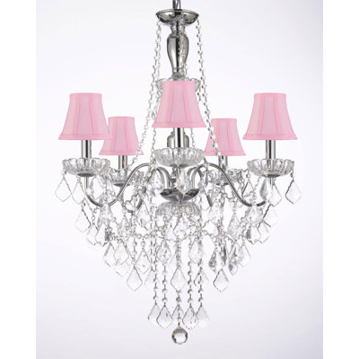 5 Light Antique White Chandelier with Pink Rose Shades 5 Light Antique White Chandelier with Pink Rose Shades